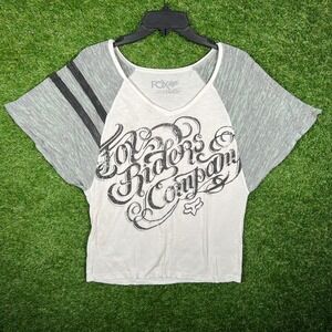 Fox Racing‎ Womens XS Graphic T-Shirt White Grey Dolman Sleeve Riders Co Y2K